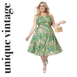 Unique Vintage Halter Meadow Green Swing Dress, Size XL, NWT!
